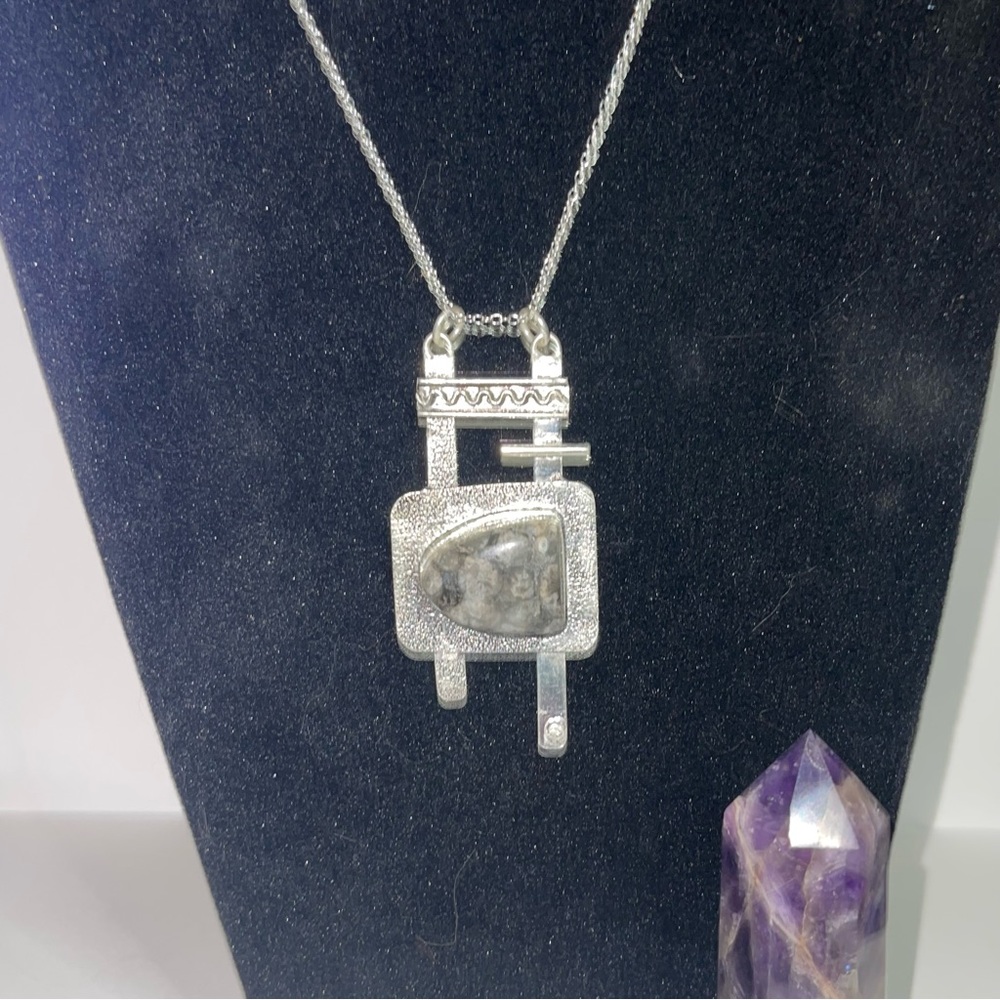 New 925 Sterling Silver Turritella Agate Coral Fossil Artisan Geometric Necklace - Picture 5 of 17